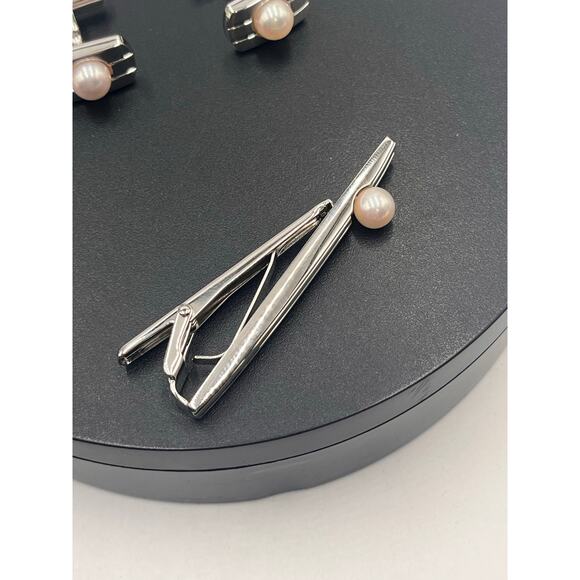 Japanese Vintage Akoya Pearl Tie Clip Cuff Link Set 2013 Japan 10k Gold Plated - Picture 4 of 13